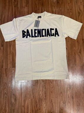 Balenciaga Men’s Beige Tape Logo Unisex T-Shirt Size L